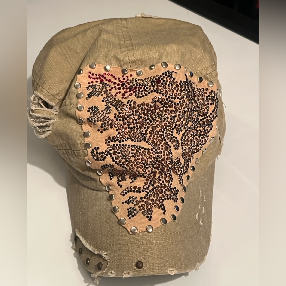 Studded Distressed Khaki Baseball Cap with Embellished Patch One Size